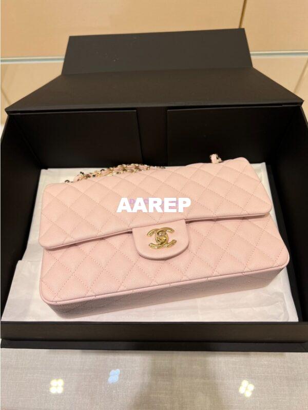 Replica Chanel 23C New CF 1112 Classic Flap Bag Qulited Grainy Caviar with Light Gold Hardware in Pale Pink (Limited Edition Colour) 4