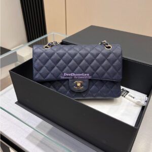Replica Chanel 23C New CF 1112 Classic Flap Bag Qulited Grainy Caviar with Light Gold Hardware in Navy (Limited Edition Colour)