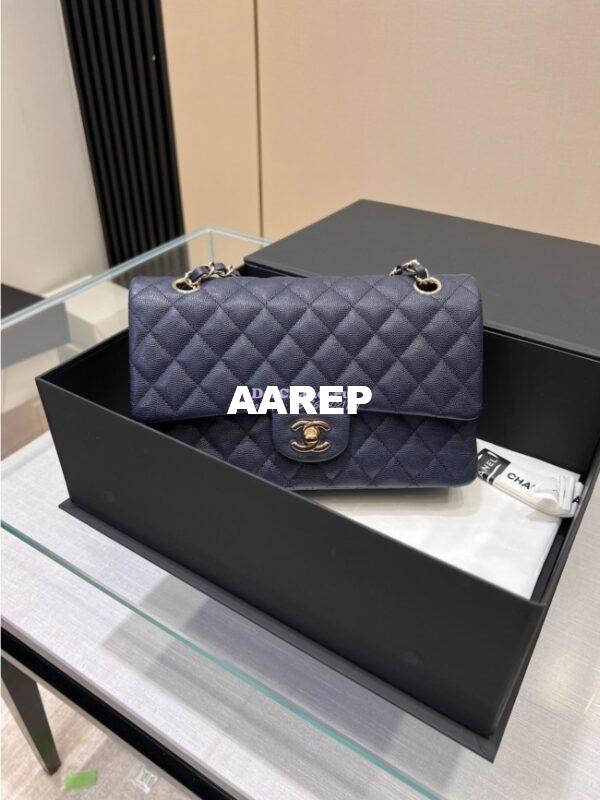 Replica Chanel 23C New CF 1112 Classic Flap Bag Qulited Grainy Caviar with Light Gold Hardware in Navy (Limited Edition Colour) 3