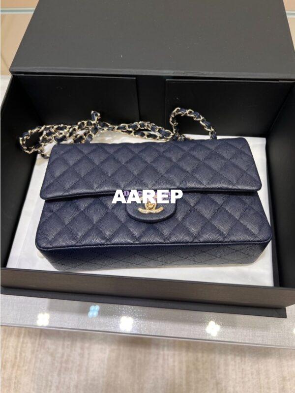 Replica Chanel 23C New CF 1112 Classic Flap Bag Qulited Grainy Caviar with Light Gold Hardware in Navy (Limited Edition Colour) 5
