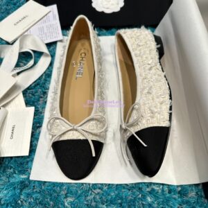 Replica Chanel Tweed and Grossgrain Cap Toe Ballerinas G02819 Black Ivory 2