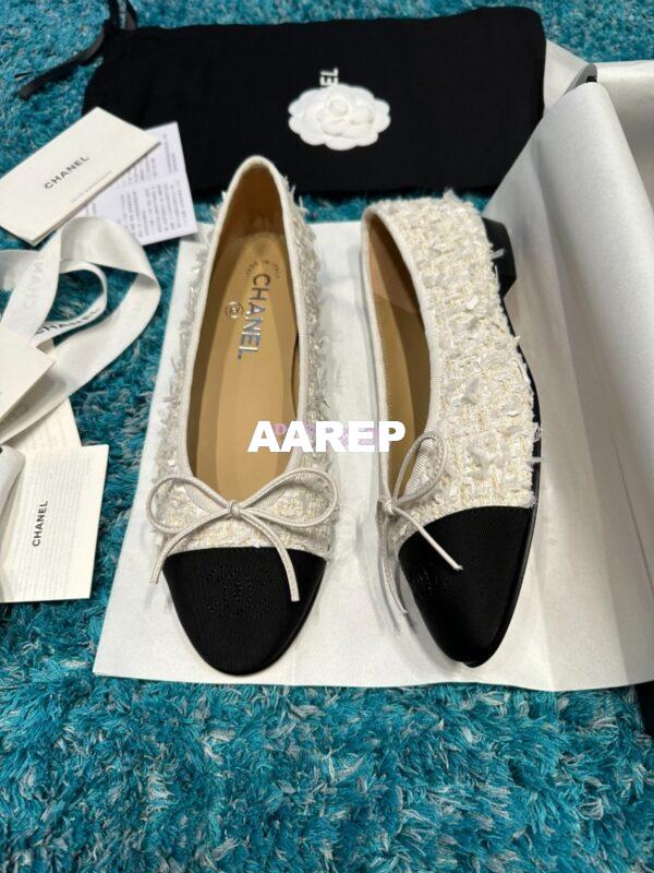 Replica Chanel Tweed and Grossgrain Cap Toe Ballerinas G02819 Black Ivory 4