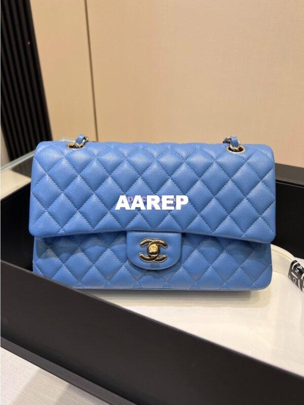 Replica Chanel 23C New CF 1112 Classic Flap Bag Qulited Grainy Caviar with Light Gold Hardware in Azure (Limited Edition Colour)