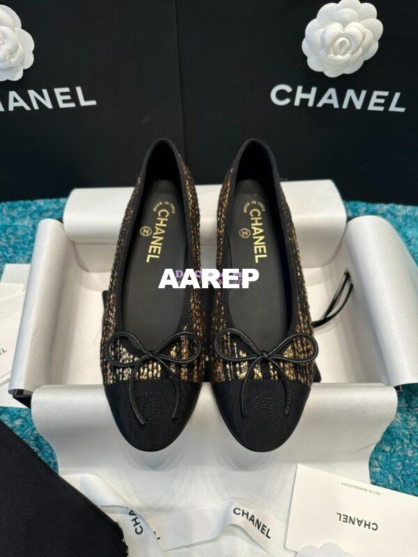 Replica Chanel Tweed and Grossgrain Cap Toe Ballerinas G02819 Black GoldStrip 3