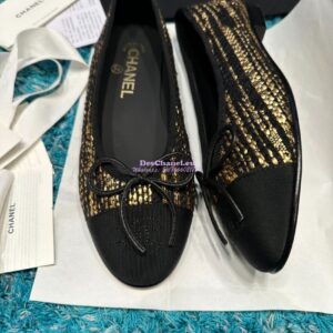 Replica Chanel Tweed and Grossgrain Cap Toe Ballerinas G02819 Black GoldStrip 2