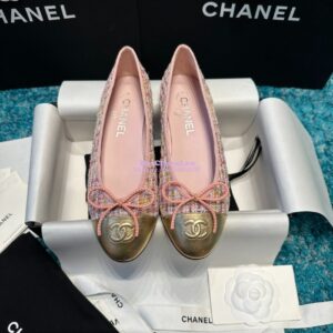 Replica Chanel Tweed and Lambskin Metallic Cap Toe Ballerinas G02819 Gold Pink