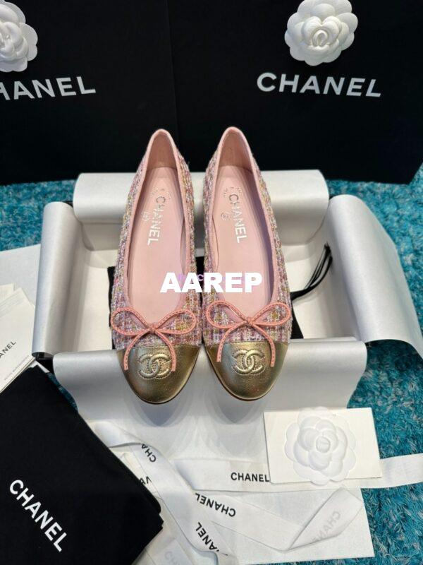 Replica Chanel Tweed and Lambskin Metallic Cap Toe Ballerinas G02819 Gold Pink