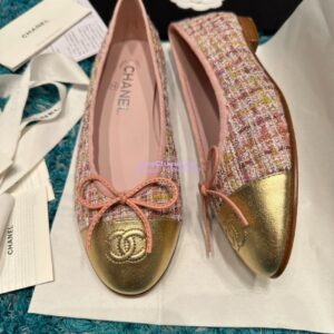 Replica Chanel Tweed and Lambskin Metallic Cap Toe Ballerinas G02819 Gold Pink 2