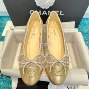 Replica Chanel Tweed and Lambskin Metallic Cap Toe Ballerinas G02819 Gold