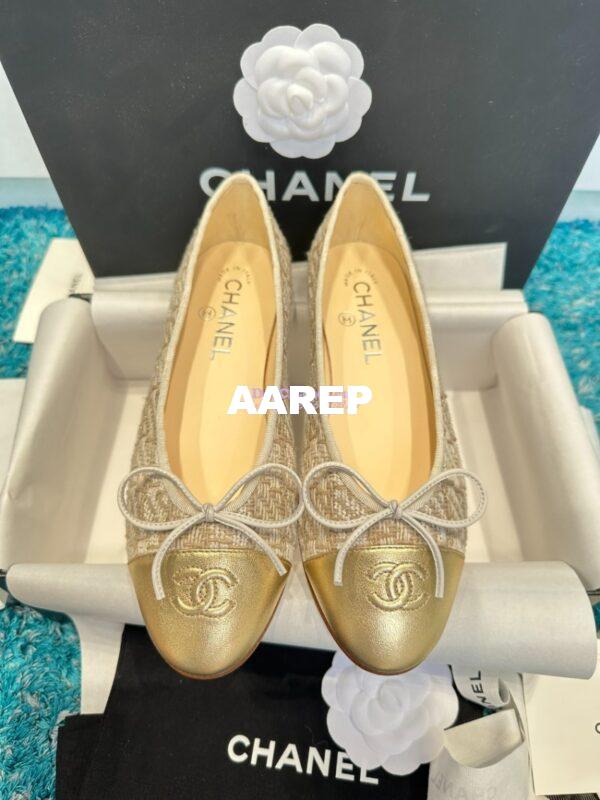 Replica Chanel Tweed and Lambskin Metallic Cap Toe Ballerinas G02819 Gold 3