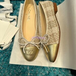 Replica Chanel Tweed and Lambskin Metallic Cap Toe Ballerinas G02819 Gold 2