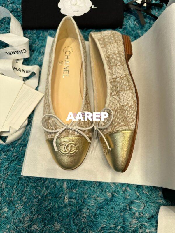 Replica Chanel Tweed and Lambskin Metallic Cap Toe Ballerinas G02819 Gold 4