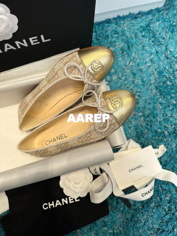 Replica Chanel Tweed and Lambskin Metallic Cap Toe Ballerinas G02819 Gold 5