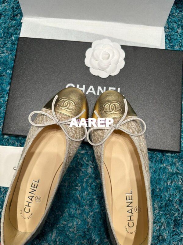 Replica Chanel Tweed and Lambskin Metallic Cap Toe Ballerinas G02819 Gold 6
