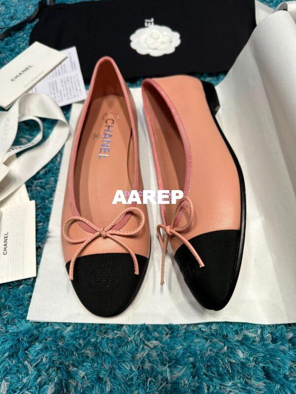 Replica Chanel Classic Lambskin and Grossgrain Cap Toe Ballerinas G02819 Peach Black 4