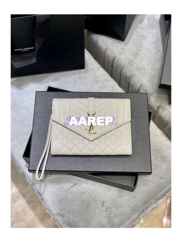Replica YSL Saint Laurent Monogram Clutch in Quilted Grain De Poudre Embossed Leather 6176621 White 4
