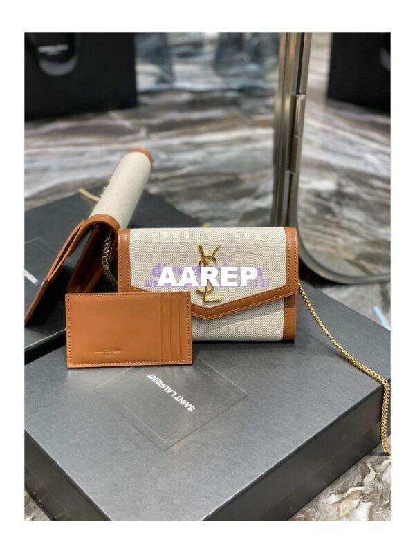 Replica YSL Saint Laurent Uptown Chain Wallet In Beige and Brown Canvas 6077881