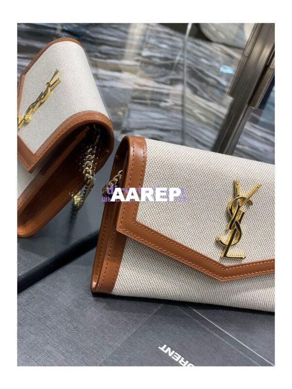 Replica YSL Saint Laurent Uptown Chain Wallet In Beige and Brown Canvas 6077881 3