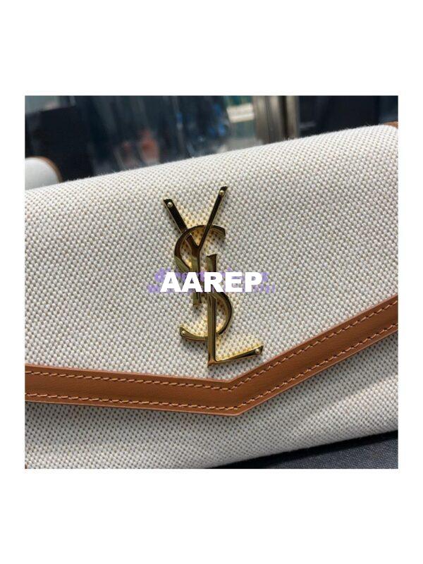 Replica YSL Saint Laurent Uptown Chain Wallet In Beige and Brown Canvas 6077881 4