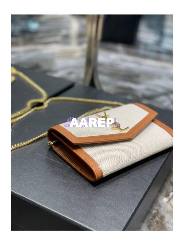 Replica YSL Saint Laurent Uptown Chain Wallet In Beige and Brown Canvas 6077881 5