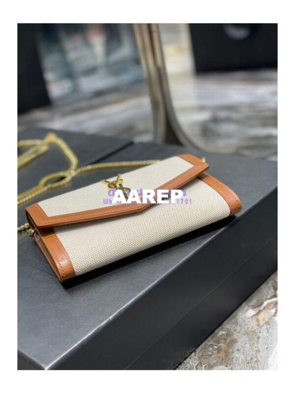 Replica YSL Saint Laurent Uptown Chain Wallet In Beige and Brown Canvas 6077881 8