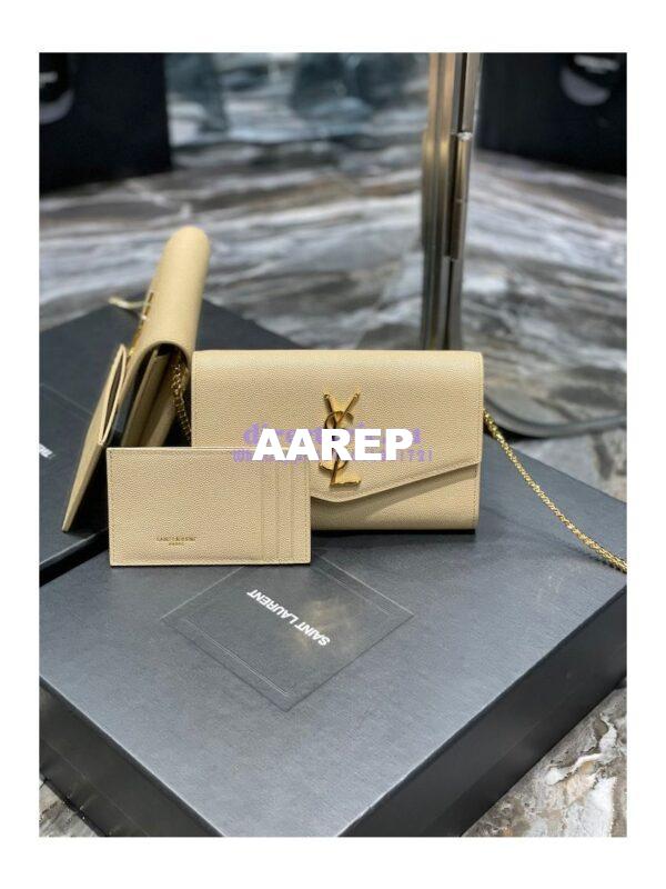 Replica YSL Saint Laurent Uptown Chain Wallet In Grain De Poudre Embossed Leather 6077881 Beige