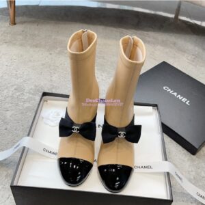 Replica Chanel Short Boots in Stretch Lambskin & Patent Calfskin 8.0cm G40099 BeigeBlack 2