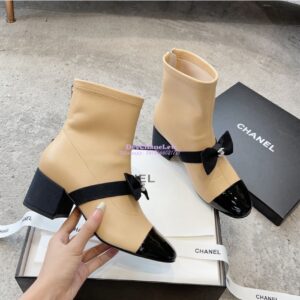 Replica Chanel Short Boots in Stretch Lambskin & Patent Calfskin G40099 BeigeBlack 2
