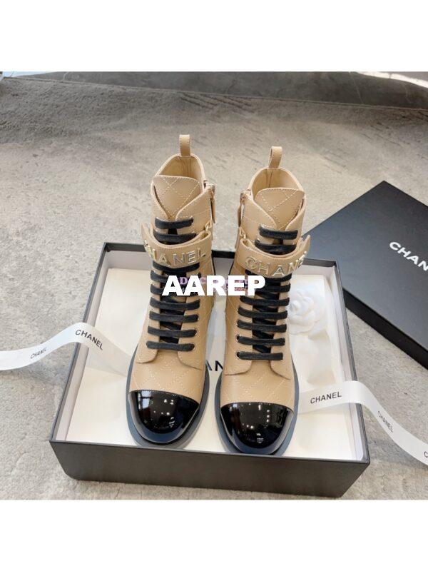 Replica Chanel Combat Boots Lambskin & Patent Calfskin G45005 Beige 3
