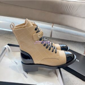 Replica Chanel Combat Boots Lambskin & Patent Calfskin G45005 Beige 2