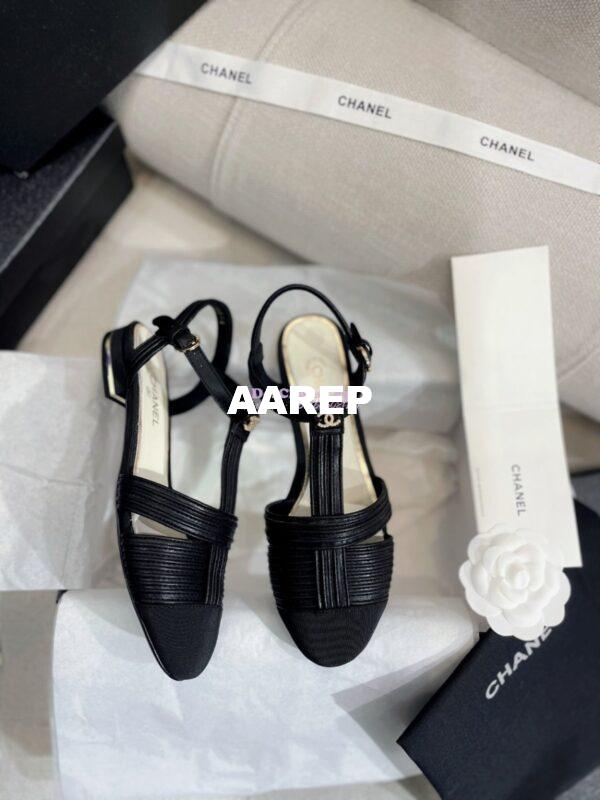Replica Chanel Lambskin & Grosgrain Pearl CC Slingback Open Shoes Flat G39022 Black 3