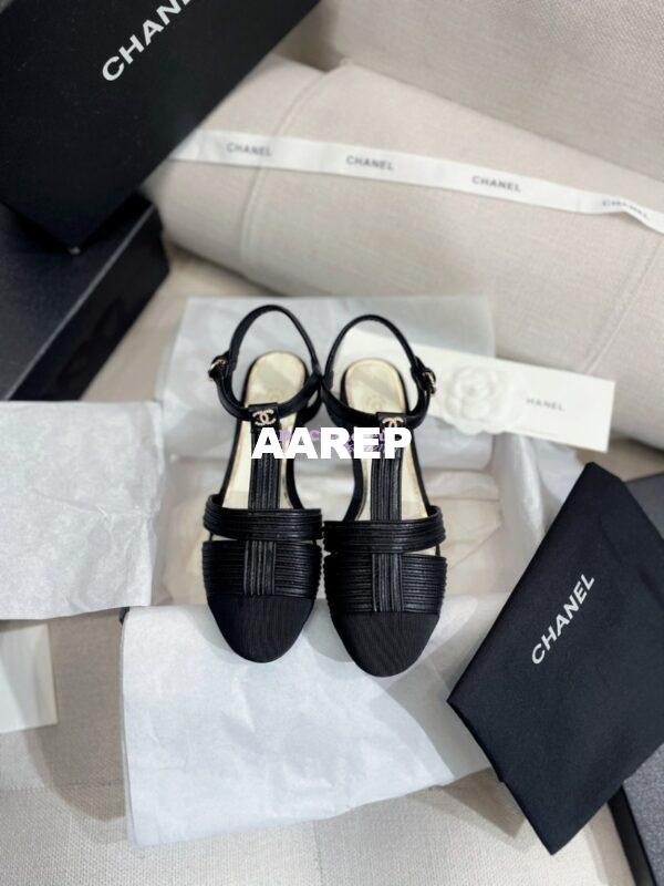 Replica Chanel Lambskin & Grosgrain Pearl CC Slingback Open Shoes Flat G39022 Black 4