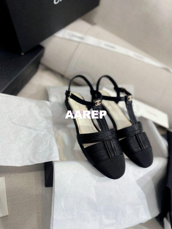 Replica Chanel Lambskin & Grosgrain Pearl CC Slingback Open Shoes Flat G39022 Black 6