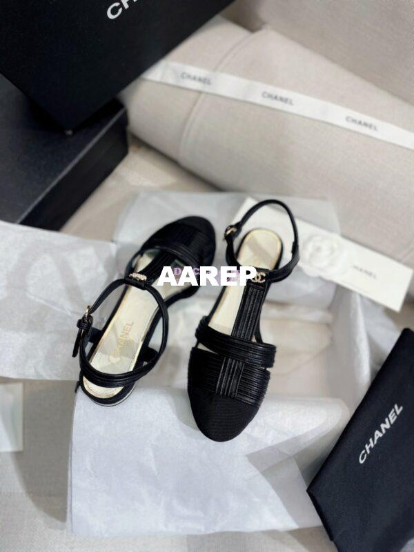 Replica Chanel Lambskin & Grosgrain Pearl CC Slingback Open Shoes Flat G39022 Black 7