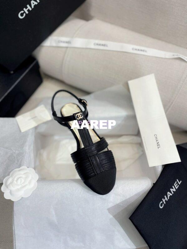 Replica Chanel Lambskin & Grosgrain Pearl CC Slingback Open Shoes Flat G39022 Black 8