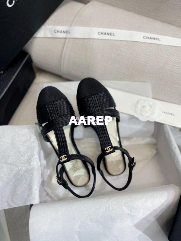 Replica Chanel Lambskin & Grosgrain Pearl CC Slingback Open Shoes Flat G39022 Black 9