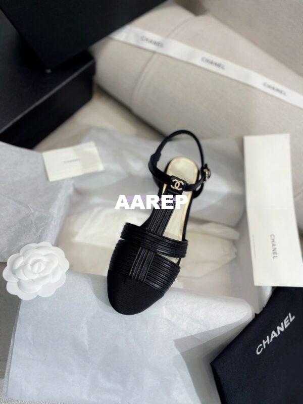 Replica Chanel Lambskin & Grosgrain Pearl CC Slingback Open Shoes Flat G39022 Black 10