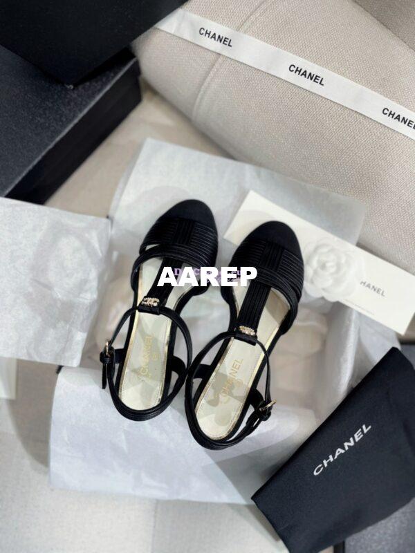Replica Chanel Lambskin & Grosgrain Pearl CC Slingback Open Shoes Flat G39022 Black 11
