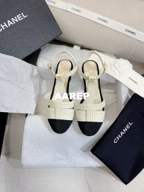Replica Chanel Lambskin & Grosgrain Pearl CC Slingback Open Shoes Flat G39022 White 3