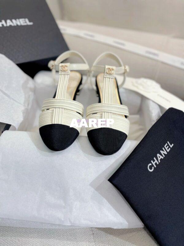 Replica Chanel Lambskin & Grosgrain Pearl CC Slingback Open Shoes Flat G39022 White 4