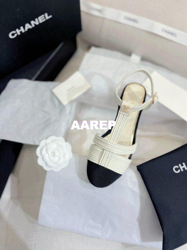 Replica Chanel Lambskin & Grosgrain Pearl CC Slingback Open Shoes Flat G39022 White 5
