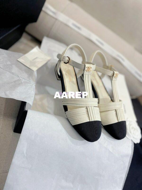 Replica Chanel Lambskin & Grosgrain Pearl CC Slingback Open Shoes Flat G39022 White 7