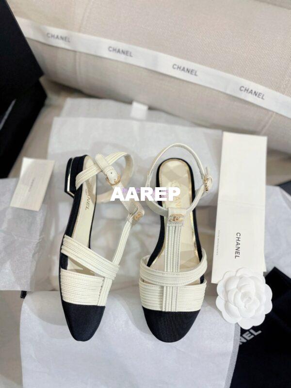 Replica Chanel Lambskin & Grosgrain Pearl CC Slingback Open Shoes Flat G39022 White 8