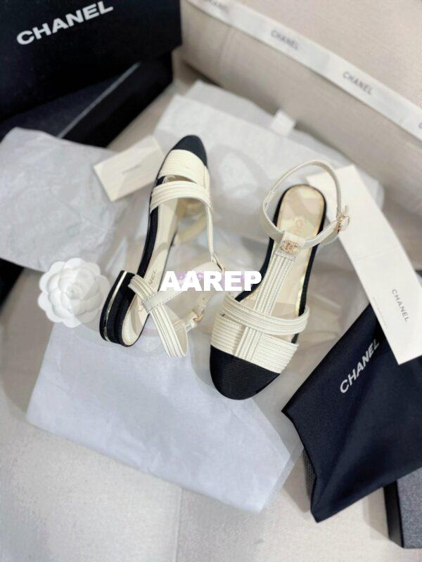 Replica Chanel Lambskin & Grosgrain Pearl CC Slingback Open Shoes Flat G39022 White 9