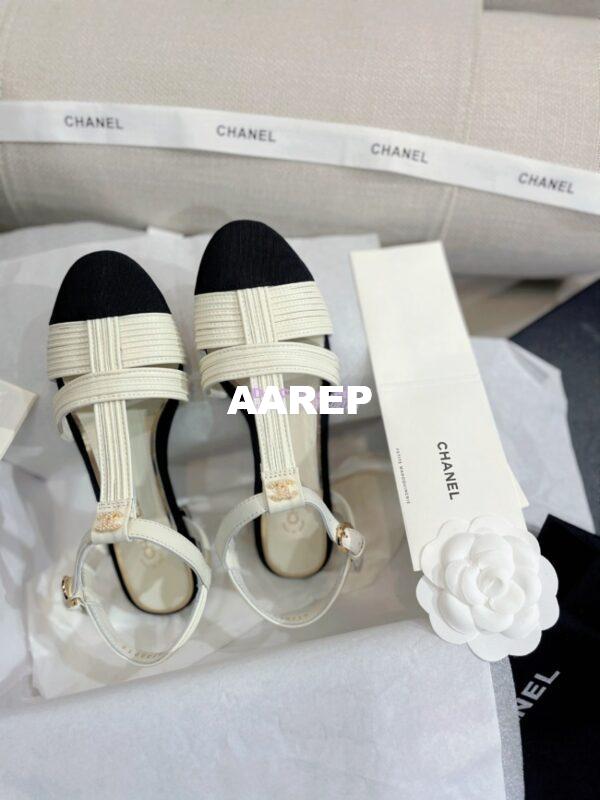 Replica Chanel Lambskin & Grosgrain Pearl CC Slingback Open Shoes Flat G39022 White 10