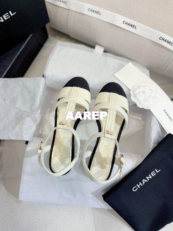 Replica Chanel Lambskin & Grosgrain Pearl CC Slingback Open Shoes Flat G39022 White 11