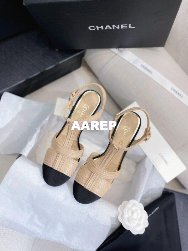 Replica Chanel Lambskin & Grosgrain Pearl CC Slingback Open Shoes G39016 Beige 3