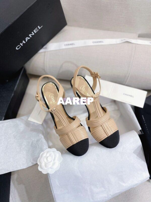 Replica Chanel Lambskin & Grosgrain Pearl CC Slingback Open Shoes G39016 Beige 4