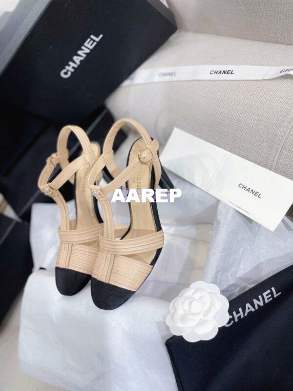 Replica Chanel Lambskin & Grosgrain Pearl CC Slingback Open Shoes G39016 Beige 5