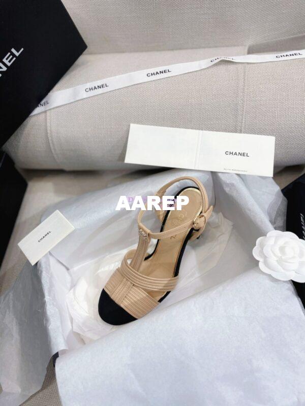 Replica Chanel Lambskin & Grosgrain Pearl CC Slingback Open Shoes G39016 Beige 6